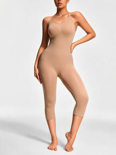 SHAPORA 女士无缝纯色吊带塑身连体裤 - 七分裤