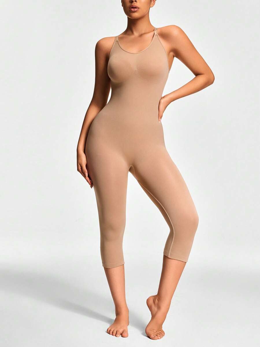 SHAPORA Women Seamless Solid Color Suspender Shaping Jumpsuit - Capri Pants - Apricot - View 1