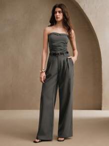 Anewsta 女士优雅现代设计聚拢露背上衣和高腰阔腿裤套装，夏季商务休闲时尚两件套 - 灰色 - 查看 6