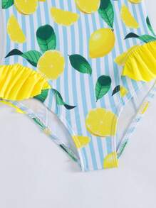 SHEIN Young Girl Vacation Beach One-Piece Swimsuit With Stripe, Lemon Print And Ruffle Hem, Random Print Summer Holiday - Yellow - View 4