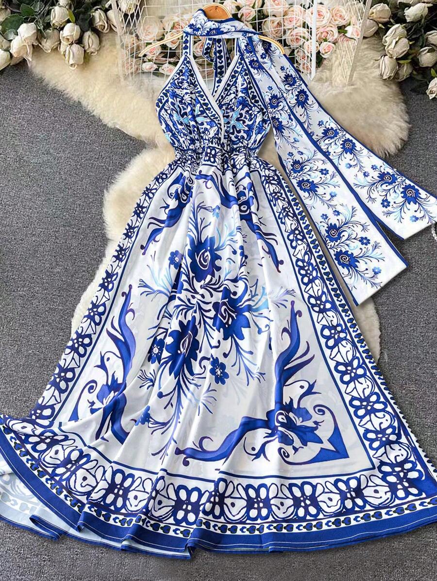 SHEIN LUNE Best-Selling Original Blue & White Floral Digital Printed Halter Backless A-Line Sexy Slimming Dress With Neck Tie Decoration, Sleeveless Elegant Vacation Casual Dress, Suitable For Music Festival, Valentine's Day, Thanksgiving, Casual Gathering, Beach Resort, Park Picnic, Daily Wear. Comfortable And Opaque Fabric, High Cost-Effective.