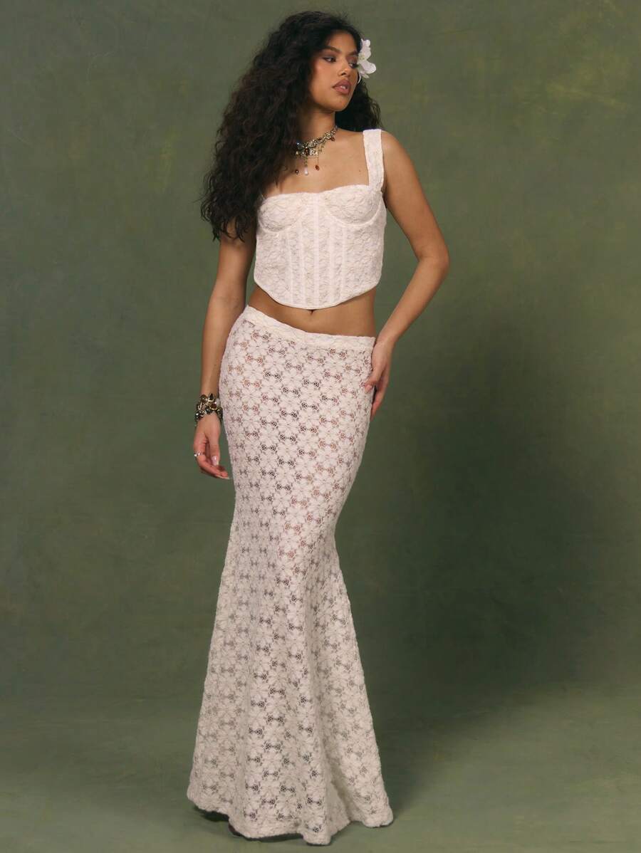 MUSERA Low Rise Floral Lace Fitted Floaty Fishtail Hem Maxi Skirt Only Summer Club Vacation Holiday Elegant - Cream - View 1