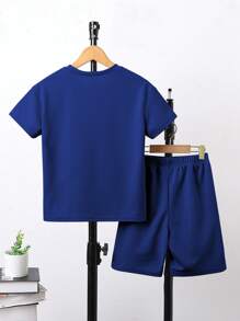 SHEIN 青少年男童休闲纯色短袖上衣和短裤两件套，夏季 - 藍色 - 查看 2