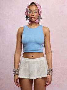 SUMWON WOMEN Summer Knit Mini Skirt Crochet Lace Tennis Style Spring High Waist Leisure Wear Vacation Beach Skater Ruffle Hemline