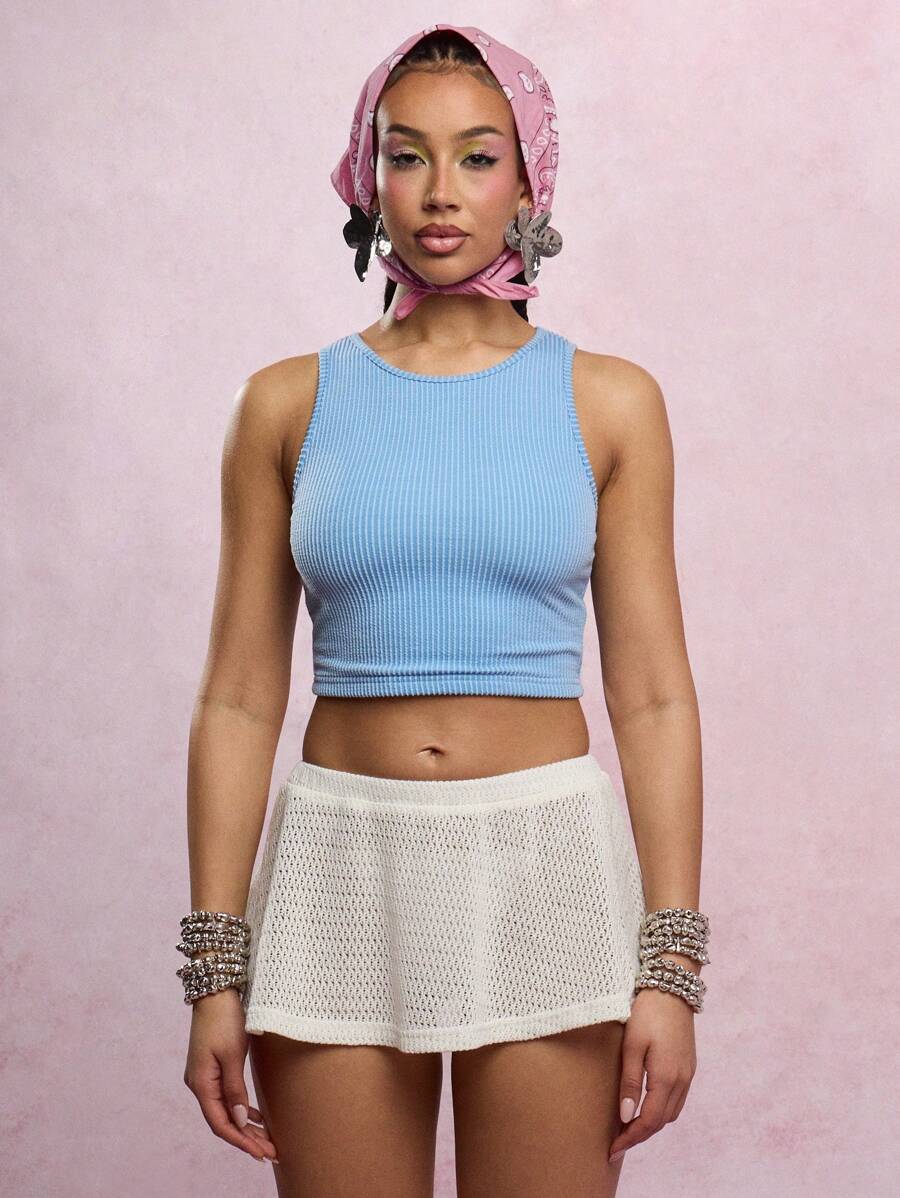 SUMWON WOMEN Summer Knit Mini Skirt Crochet Lace Tennis Style Spring High Waist Leisure Wear Vacation Beach Skater Ruffle Hemline