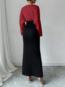 Firerie Women Elegant Color Block Batwing Sleeve Dress Red - Burgundy - View 2
