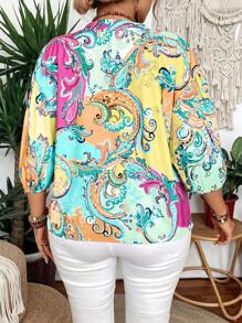 大码女式度假斜领腰果印花衬衫 - 黃色 - 查看 2