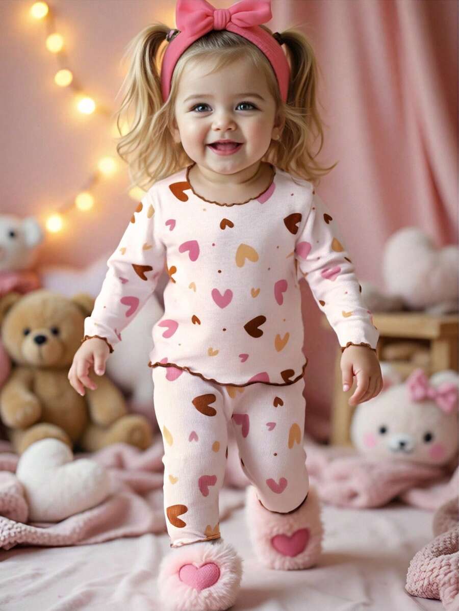 SHEIN Playful Pals 2件套女婴0-3岁新款可爱休闲日常印花圆领罗纹针织长袖上衣和修身长裤套装,四季家居服 - 彩色 - 查看 1