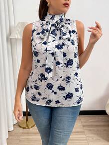 SHEIN Privé 大码女式夏季休闲优雅花卉印花蝴蝶结无袖宽松衬衫，适合度假、海滩、日常穿着 - 彩色 - 查看 4