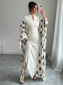 Rafferiza Vestido de Mujer con Estampado Retro Elegante, Cuello Mao, Mangas Murciélago, Cintura Ceñida y Bajo Asimétrico - Albaricoque - Ver 5