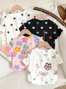 SHEIN 4 件套年轻女孩可爱花卉和心形波尔卡圆点印花基本款短袖休闲圆领 T 恤，春夏上衣 - 彩色 - 查看 2