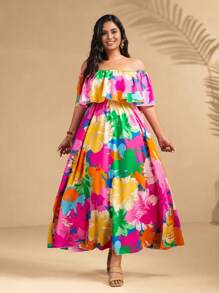 Breezaya Plus Size Women Floral Print Off Shoulder Vacation Casual Dress - Multicolor - View 1