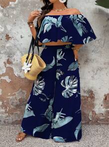 SHEIN Clasi Bộ quần ống rộng ống đứng họa tiết lá nhiệt đới hở vai cho nữ cỡ lớn - Màu xanh hải quân - Xem 5