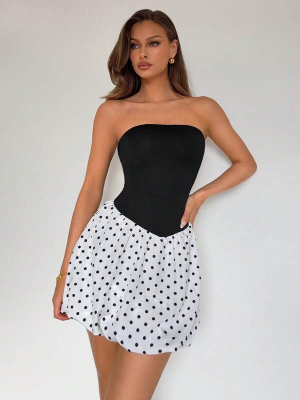 Roylia Black & White Contrast Color Polka Dot Print Strapless Dress, Elegant & Casual