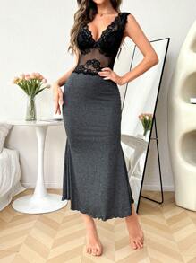 Women Contrast Color Lace Mermaid Maxi Nightgown With Wide Strap - Dark Grey - View 4