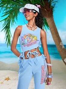 Winx Club X ROMWE Women 2pcs/Set Cartoon Graphic Round Neck Knot Crop Top And Pants Set