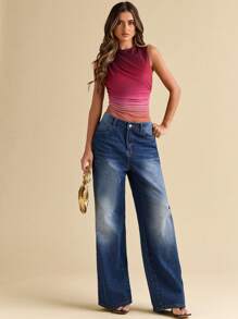 SHEIN BAE Women's Summer Gradient Print Pleated Asymmetric Bodysuit Sleeveless Bodysuit