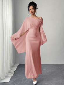 Firerie Gaun Wanita Elegan Menawan dengan Detail Kerut, Warna Pink Muda Pucat, Motif Jala dan Bunga, Cocok untuk Pernikahan, Ninang, Kencan, dan Hari Valentine. Gaun Maxi Sederhana - Berwarna merah muda - View 4