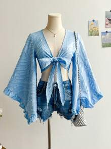 Soleia Women's Summer Vacation Beige Woven Texture Open Front Tie-Waist Flare Sleeve Ruffle Cuff Blouse, Hippie Western Music Festival Easter Carnival Afternoon Tea Party,Rave Top - Baby Blue - View 6