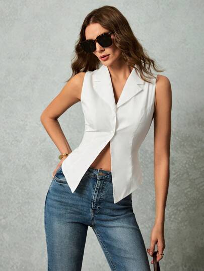 Poéselle 女式休闲纯色无袖后系带前开襟衬衫