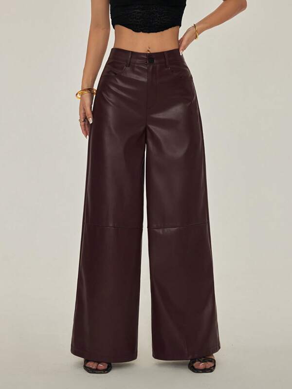SHEIN PETITE Women's Solid Color Pocket Loose Fashion PU Wide Leg Pants