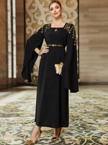 Layrah Bata de abaya otomana con cristales, modesta kaftan - Negro - Ver 4