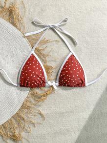 Soleia Summer Outfits For Women,Swim Suits For Women,Vacation Outfits Woman,Beach Outfits For Woman,Beachwear,Women's Red And White Polka Dot Print Contrast Tie Beach Bikini Top With Bow Embellishment - Apricot - View 5