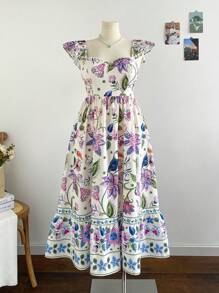 Dreamara Gaun Panjang WYWH Casual Vacation Multi-Color Positioning Flower Flutter Sleeves Back Tie Plus Size - MultiWarna - View 1