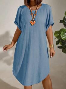 EMERY ROSE Plus Size Vacation Casual Solid Color Batwing Sleeve Dress - Blue - View 3