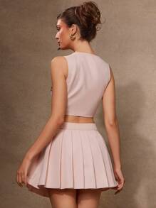 L'Amorae Summer Women Outfit, Women Clothes, Women's Pink Cute Gold Bow Button Vest And Skirt Two Pieces Set, Women Skirts, Women Tops, Women Tank Tops, Women Set, Pink Top, Pink Skirt, Women Two Pieces Sets, Skirt Set. For Date Night, Concerts, Performances, Wedding, Parties, Clubs, Evening, Business Casual Women - Pink - View 4