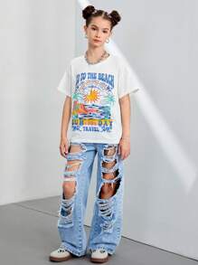 Conjunto de 2 piezas para niñas: Camiseta gráfica de árbol de coco blanco de playa y pantalones vaqueros con pierna ancha y cierre de cremallera desgastados, estilo urbano casual - Blanco - Ver 1