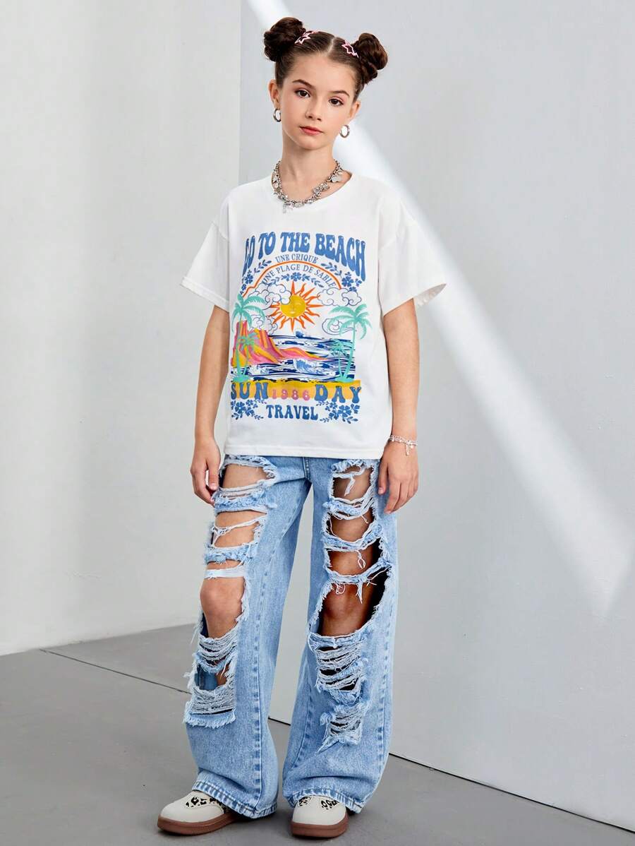 Conjunto de 2 piezas para niñas: Camiseta gráfica de árbol de coco blanco de playa y pantalones vaqueros con pierna ancha y cierre de cremallera desgastados, estilo urbano casual - Blanco - Ver 1