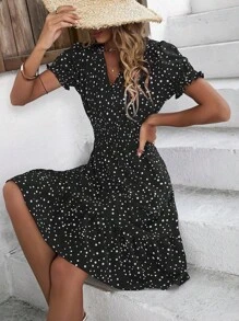 Breezaya Women's V-Neck Full Print Bubble Short Sleeve Casual Vacation Dress - Black - View 3