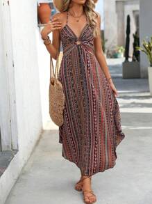 Breezaya 女士度假花卉印花吊带长裙，配有圆形链环和侧开衩，度假海滩装