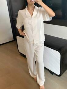 DAZY 2 Pieces Solid Color Lace Loose Short Sleeve Top & Pants Sleepwear Pajama Set, Women - White - View 6