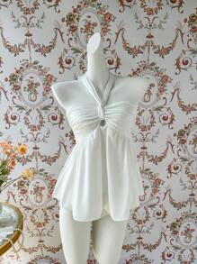 Sweetra Women's White Off Shoulder Spaghetti Strap Camisole Top, Spring/Summer - White - View 4