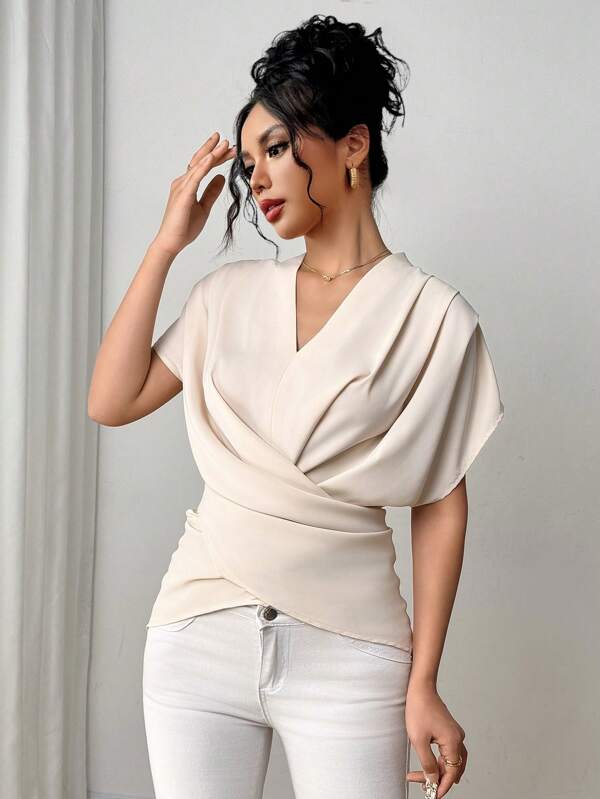 Firerie Women's Elegant Commuting Pleated V-Neck Regular Loose Shoulder Blouse