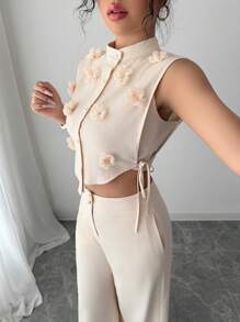 Elenzga Bộ 2 áo không tay họa tiết hoa 3D thanh lịch dành cho nữ và quần dài thường ngày - Màu be - Xem 4