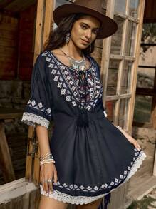 LanaWest Women's Western Countryside Print Long Sleeve Shirt