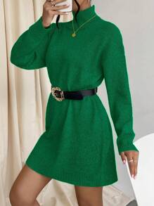 EURMUSE Turtleneck Solid Color Sweater Dress (belt Not Included) - Green - View 3