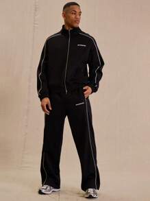 Men Drawstring Waist Contrast Piping "Musero" Slogan Graphic Print Straight Leg Joggers - Black - View 1