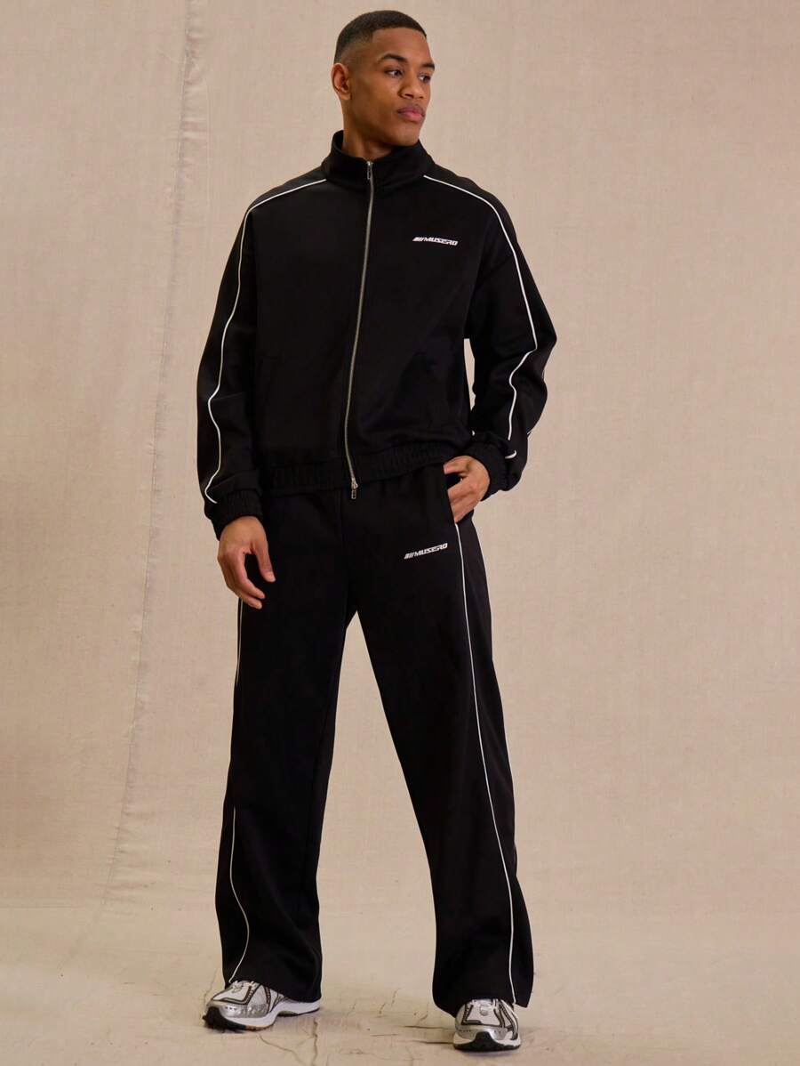 Men Drawstring Waist Contrast Piping "Musero" Slogan Graphic Print Straight Leg Joggers - Black - View 1