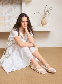 Styleloop Women's Casual Round Toe Flat Beige Woven Mesh Fabric Fashionable Simple Comfortable Breathable Buckle Strap Flat Shoes, Bohemian Style, Suitable For Vacation, Music Festival, Party - Beige - View 13