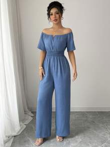 Elenzga Women's Summer New Off Shoulder V-Neck Waist Jumpsuit For Vacation - Blue - View 6