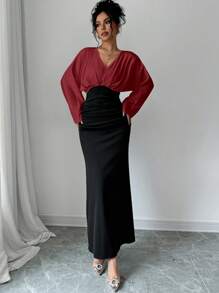 Firerie Women Elegant Color Block Batwing Sleeve Dress Red - Burgundy - View 5