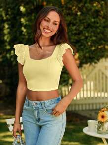 SHEIN VCAY Sping Eyelet Embroidery Ruffle Trim Bodycon Crop Tee,Butter Yellow