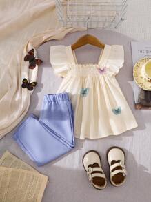 SHEIN 2 件套，女婴春夏休闲蝴蝶刺绣无袖上衣和纯色裤子 - 淺藍色 - 查看 1