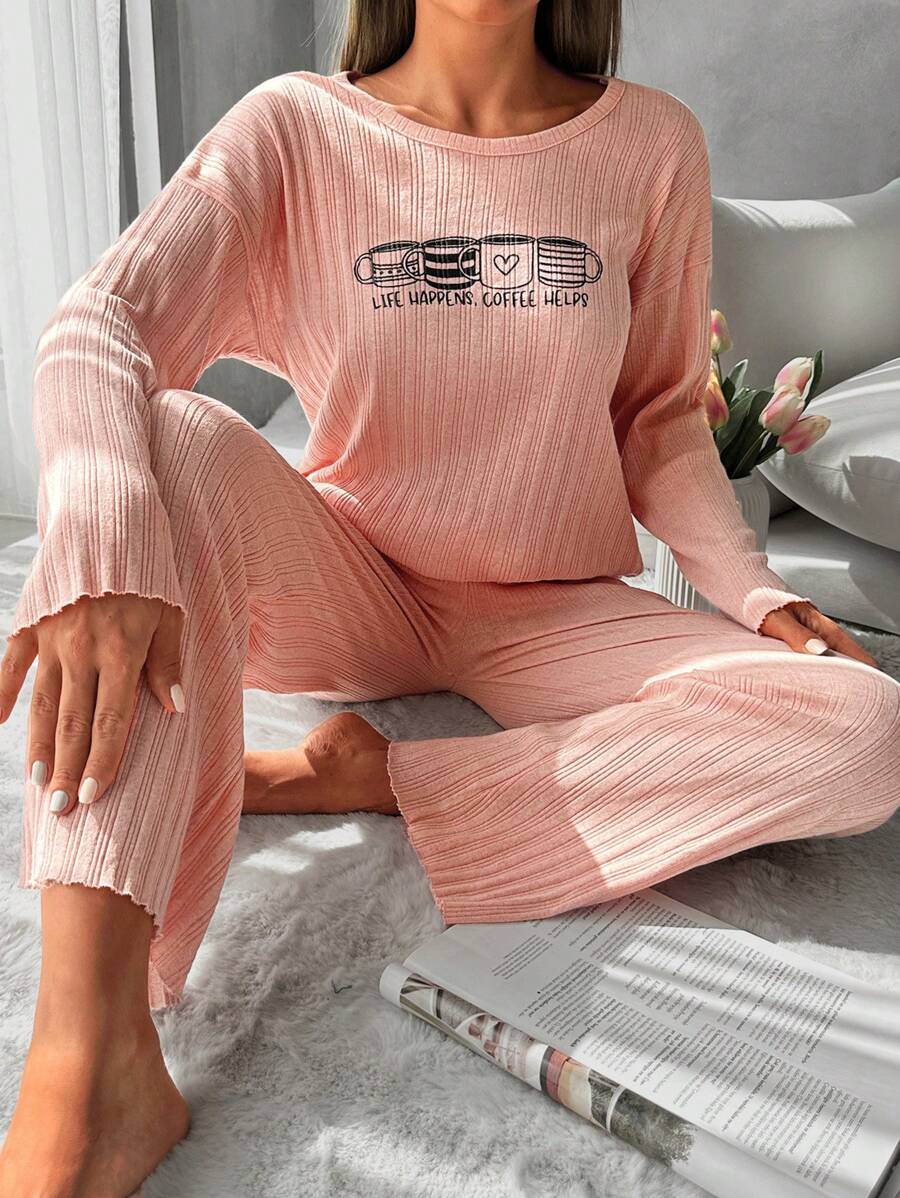 RueChic Slogan Graphic Drop Shoulder Lounge Set - Coral Pink - View 1