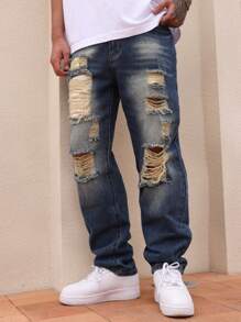 Manfinity LEGND Men's Casual Washed Distressed Straight Leg Jeans - Medium Wash - View 8