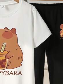 2pcs/Set Tween Girls Casual Cartoon Print Short Sleeve T-Shirt And Flare Pants Summer Outfit - Multicolor - View 3